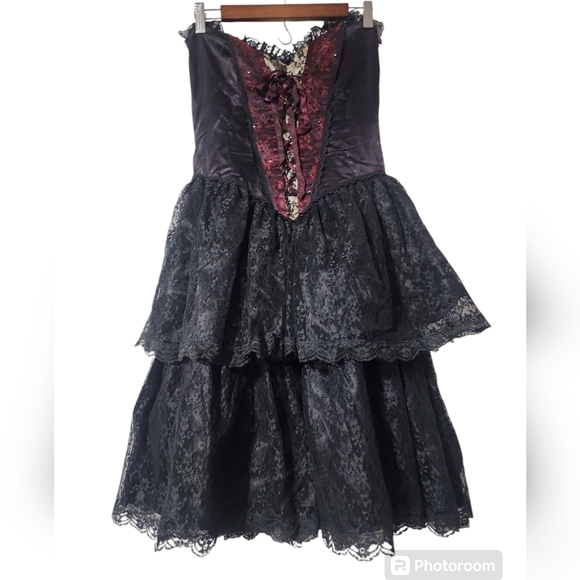 VINTAGE Gunne Sax Jessica McClintock Corset Bustier Tiered Lace Dress Black Red - Picture 16 of 16